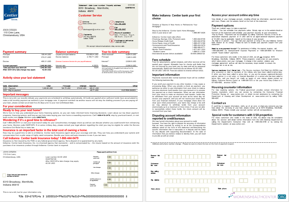 Download USA Indianna Centier bank mortgage statement in Word and PDF formats, 2 pages Photoshop template